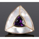 9 carat gold amethyst and mother of pearl brooch, in triangular form with a central amethyst and