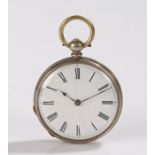 Continental silver open face pocket watch, the white enamel dial with Roman numerals, the caseback