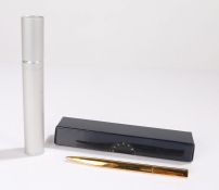 Bulgari ball point pen, in gilt with the outer cigar form pen case and card box
