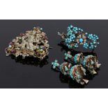 Jewellery, to include a pair of turquoise set earrings, a turquoise and pearl set foliate brooch and