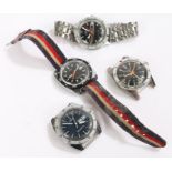 Caunymatic gentleman's stainless steel divers style wristwatch, three Timex gentlemen's wristwatches