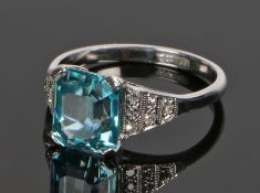 18 carat white gold zircon and diamond set ring, with central zircon at 4.47 carat and diamonds to