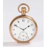 Gold plated open face pocket watch, with a white enamel dial with Arabic hours and subsidiary