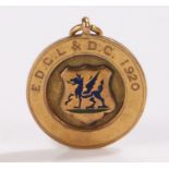 9 carat gold pocket watch chain pendant, with central blue and green enamelled dragon surrounded