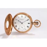 9 carat gold half hunter pocket watch, the signed white dial Thos Russell & Son, Liverpool, with