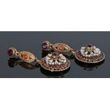 Pair of enamel earrings, the drops with disc heads and flower head designs, 21mm diameter