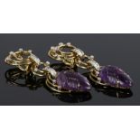 Pair of amethyst and diamond set earring drops, the amethyst cut as leaves over a pof with diamond