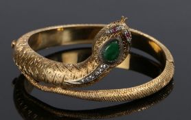 Gold jade diamond and ruby set bangle, in the form of a snake with a jade head, diamond and ruby