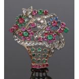 Multi gemstone set brooch, with emeralds, white sapphires and rubies, in the form of a basket of
