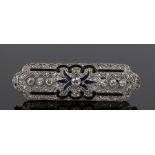 Art Deco diamond sapphire and enamel brooch, the rectangular brooch with an arrangement of sapphires