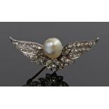 Natural saltwater pearl and diamond set brooch, the 4.25 carat natural pearl above the diamonds