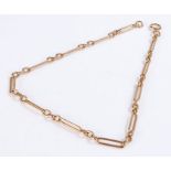 15 carat gold watch chain, formed from elongated oval and round links, 44cm long, 33.7g