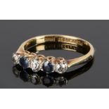 18 carat gold diamond and sapphire set ring, with a row of two sapphires and three diamonds, ring