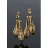 Pair of yellow metal snake head earrings, the drop in the form of snakes, 58mm long, 15 grams