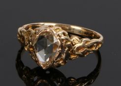 19th Century diamond set ring. The pear shaped rose cut diamond with interlaced shoulders. Ring size
