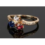 18 carat diamond, ruby and sapphire ring, with diamond set shoulders, ring size P, 2.7g