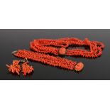 Victorian coral jewellery, to include two necklaces with cameos to the clasps and a pair of