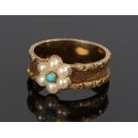 19th Century pearl and turquoise mourning ring, with a flower head and foliate edged shank, 2.2