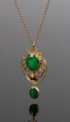 Art Nouveau natural jadeite pendant necklace, with cabochon cut green jade certificated, 20mm