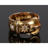 18 carat gold buckle ring, Chester 1915, with a wide shank and buckle end, 9 grams, ring size N