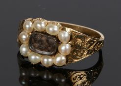 George III ring, with woven hair to the end and a pearl surround, ring size O 1/2