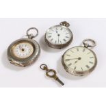 Three continental silver open face pocket watches two with Roman numerals to the dials the other