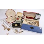 Collection of costume jewellery, to include a silver ladies wristwatch, brooches, necklaces, etc