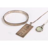 Silver jewellery, to include a ingot necklace, a bangle and a pendant on chain, 33g
