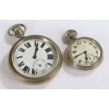 White metal open face pocket watch, the white dial with Roman numerals and subsidiary seconds