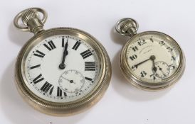 White metal open face pocket watch, the white dial with Roman numerals and subsidiary seconds