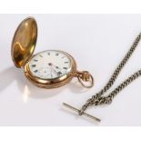 Gold plated hunter pocket watch, the case with bird and scroll decoration and with vacant