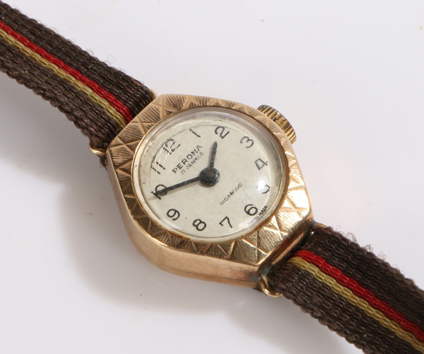 Perona 9 carat gold ladies wristwatch, the signed dial with Arabic numerals, manual wound the case