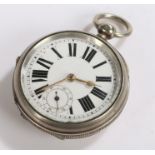 Swiss white metal open faced pocket watch, the white dial with Roman numerals and subsidiary seconds