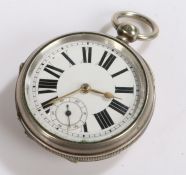 Swiss white metal open faced pocket watch, the white dial with Roman numerals and subsidiary seconds