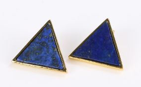 Pair of lapis lazuli earrings, the triangular panels housed in gilt metal settings