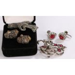 Marcassite set brooch together with a similar pair of Art Deco style clip on earrings, clear and