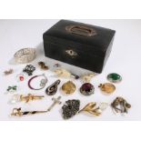 Costume jewellery, to include brooches, earrings and pendants, housed in a black leather and green
