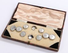 White metal cufflink, button and stud set, with mother of pearl effect panels. housed in a fitted