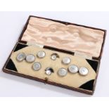 White metal cufflink, button and stud set, with mother of pearl effect panels. housed in a fitted