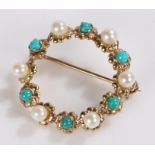 9 carat gold brooch, of circular form set with pearls and turquoise, 3.8g
