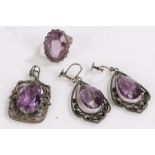 Simulated amethyst set pendant, ring and pair of earrings, all housed in white metal settings, 20.4g