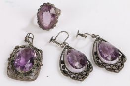 Simulated amethyst set pendant, ring and pair of earrings, all housed in white metal settings, 20.4g