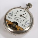 Hebdomas style eight day open face pocket watch, the white dial with Arabic numerals and exposed