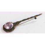Scottish silver kilt pin/brooch, Edinburgh 1962, maker Robert Allison, the head set with purple