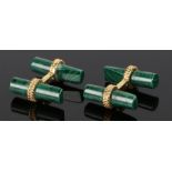 Pair of malachite cufflinks, with cylinder ends and gilt metal bars