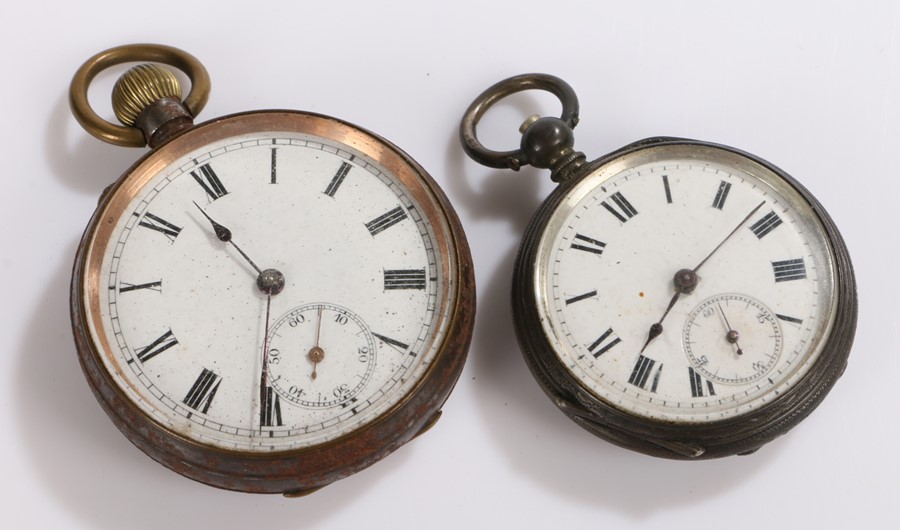 Base metal open face pocket watch, the white dial with Roman numerals and subsidiary seconds dial,