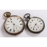 Base metal open face pocket watch, the white dial with Roman numerals and subsidiary seconds dial,