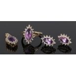 Amethyst jewellery suite, consisting of ring, pendant and earrings, all set with oval amethysts,