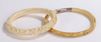 Ivory bangle with carved foliate decoration and white metal bar, ivory bangle with carved dragon