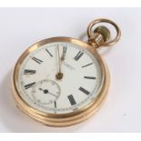 14 carat gold filled open face pocket watch, the white dial with Roman numerals, subsidiary